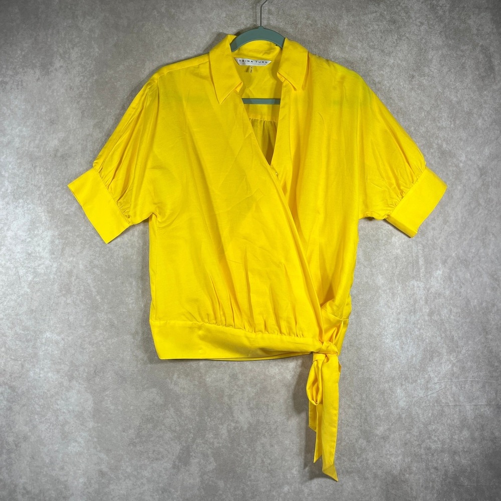 Trina Turk Wrap Blouse Womens Small Yellow Cotton Silk Blend Vacation Casual